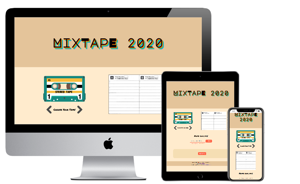 mockup of a mix tape app displayed on a large mac display, a tablet and a phone to show responsive design