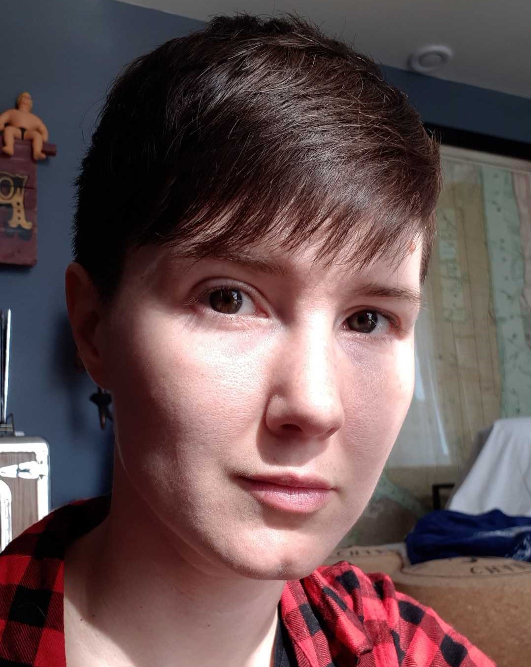 headshot of a handsome nonbinary person (the website creator) with white skin, short brown hair and hazel eyes wearing a black tshirt and red flannel buttonup