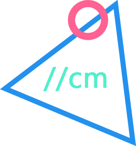 a logo of a blue triangle with a pink circle overlapping one of the sides, in the middle it reads '//cm'